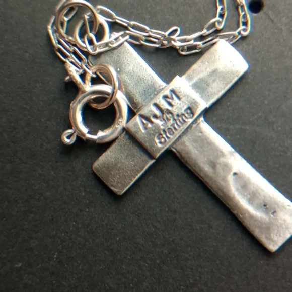 Sterling Silver Stamped Cross Pendant Necklace Signed - Picture 8 of 10